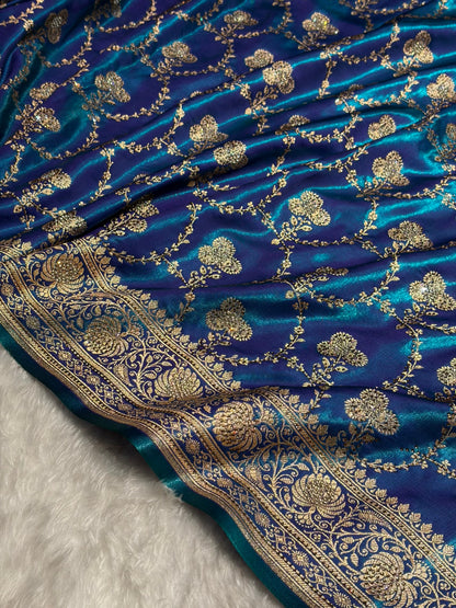 Satin Silk Saree Swarovski Work Jaal in Peacock Blue Shades BSS23 (R)