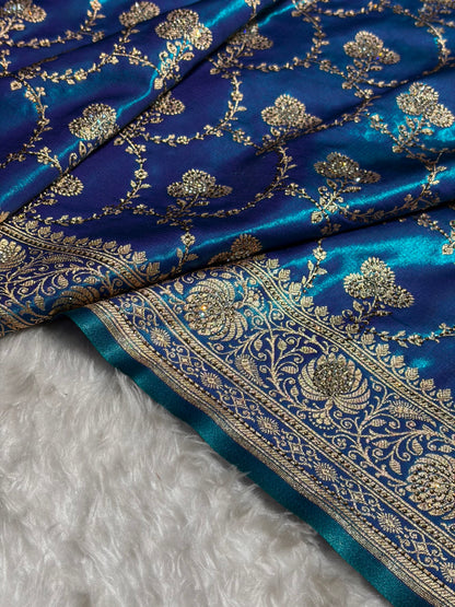 Satin Silk Saree Swarovski Work Jaal in Peacock Blue Shades BSS23 (R)