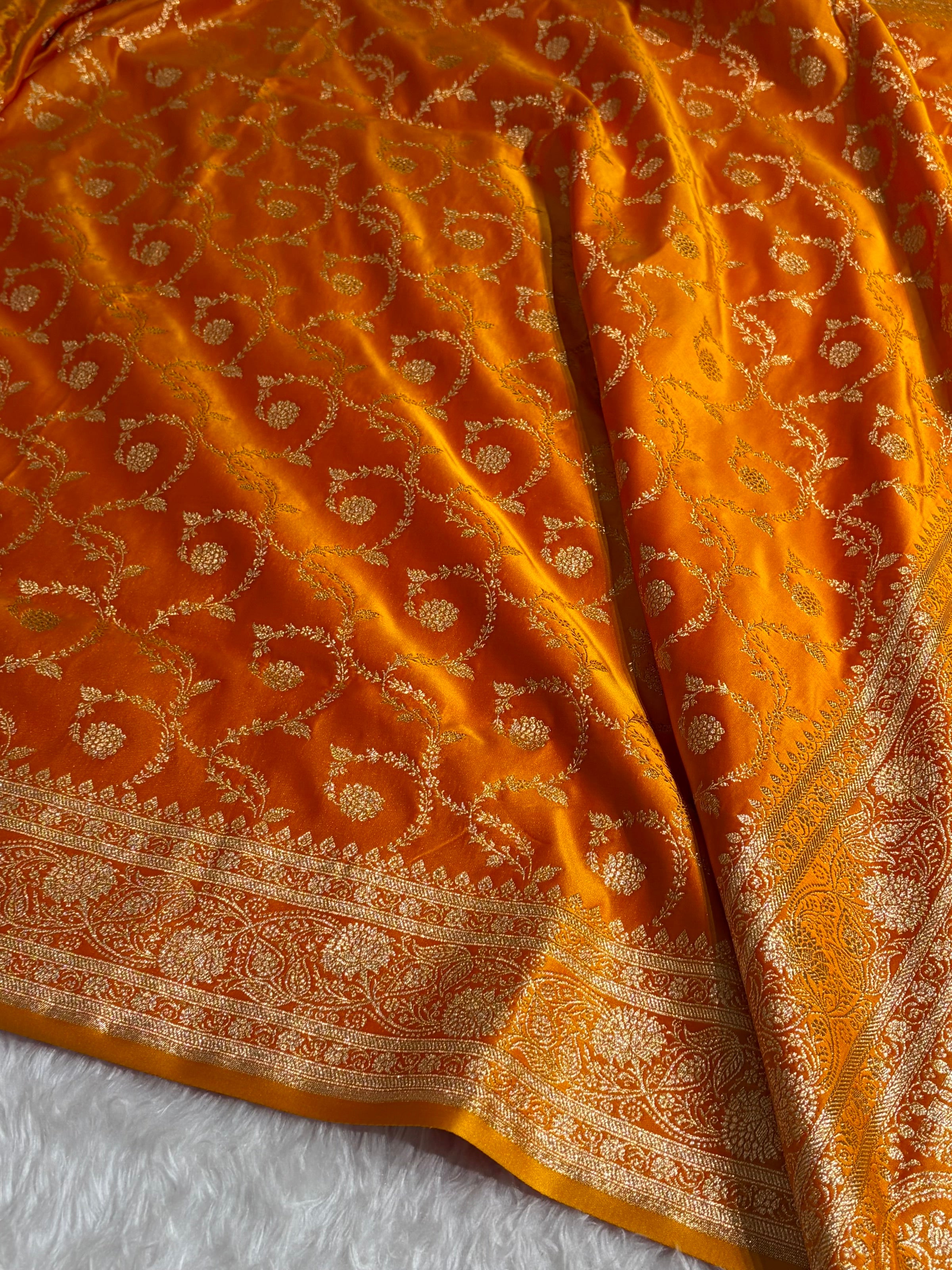 Banarasi Fanta Orange Floral Jaal Pattern Satin Katan Silk saree SK55