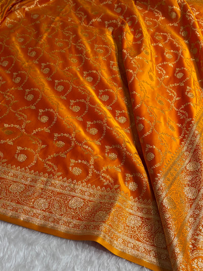 Banarasi Fanta Orange Floral Jaal Pattern Satin Katan Silk saree SK55