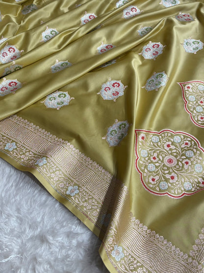 Premium Banarasi Satin Katan Saree Minakari Booti Pattern in Tusser Shades SK138
