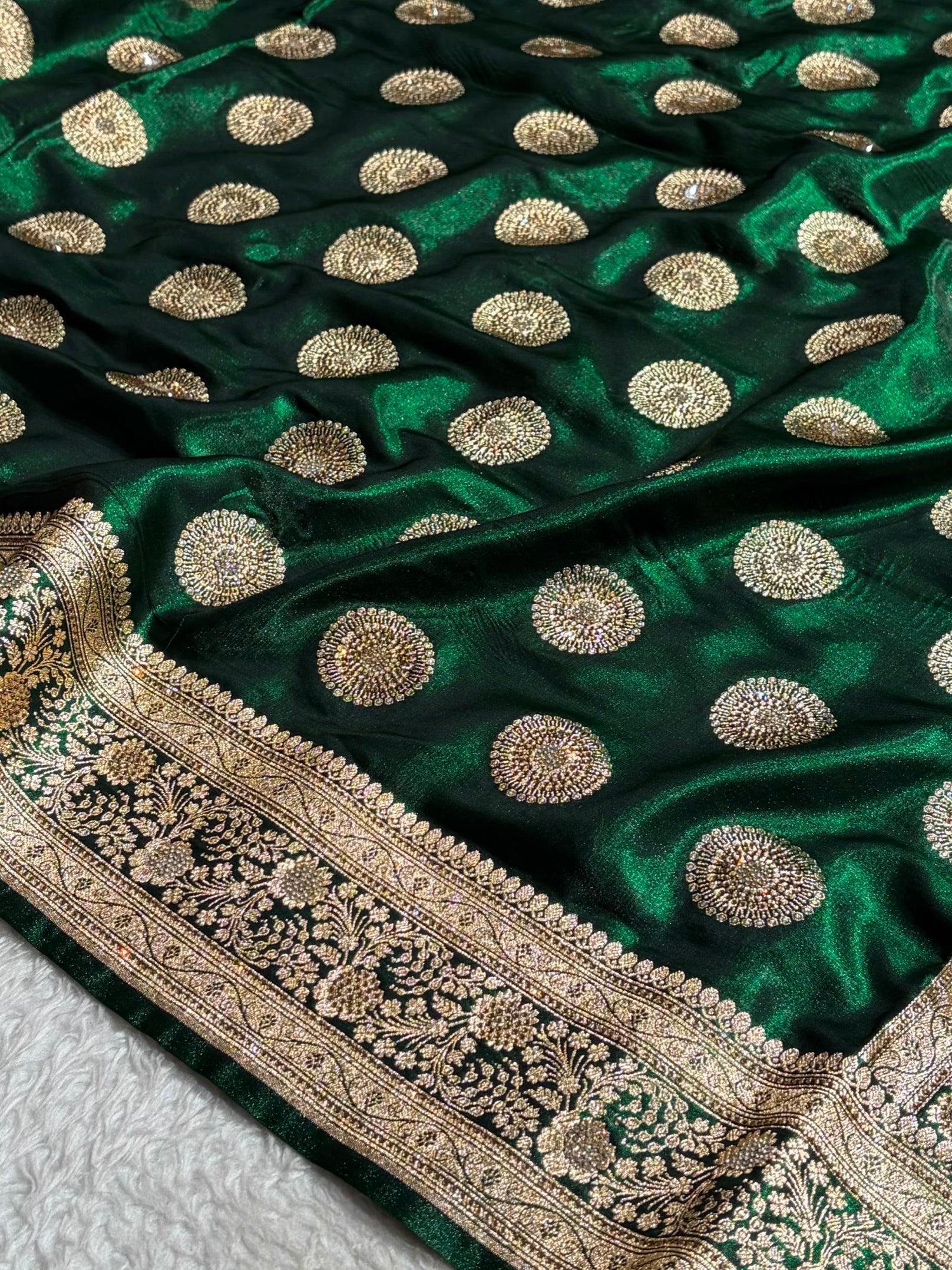 Bottle Green Shades Banarasi With Swarovski Stone Work Satin Silk Saree BSS33