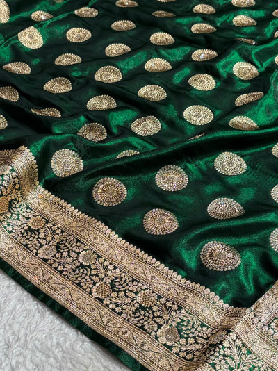 Bottle Green Shades Banarasi With Swarovski Stone Work Satin Silk Saree BSS33