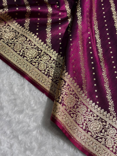 Banarasi Wine Shades Cross Pattern Banarasi Satin Silk Saree SS61
