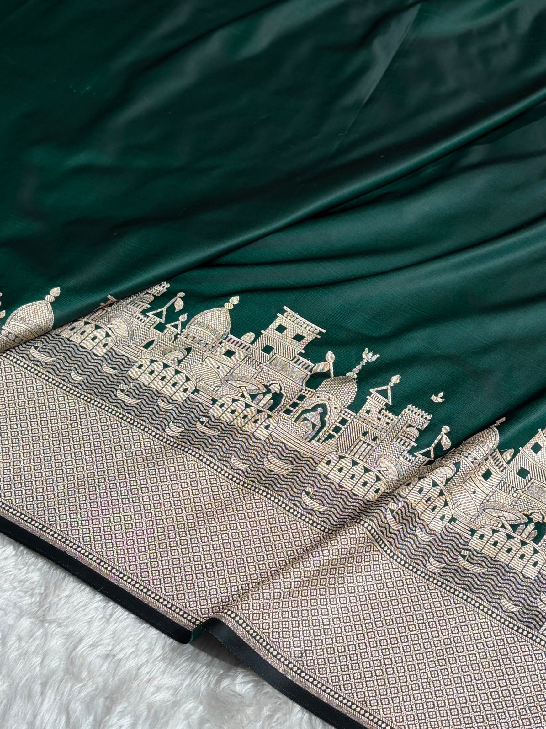 Dark Green Shades Ghat Pattern Satin Katan Silk Saree SK19
