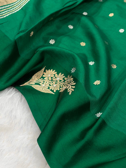 Banarasi Bottle Green Shades Meena Boota Handwoven Pure Katan Paper Silk RM-73