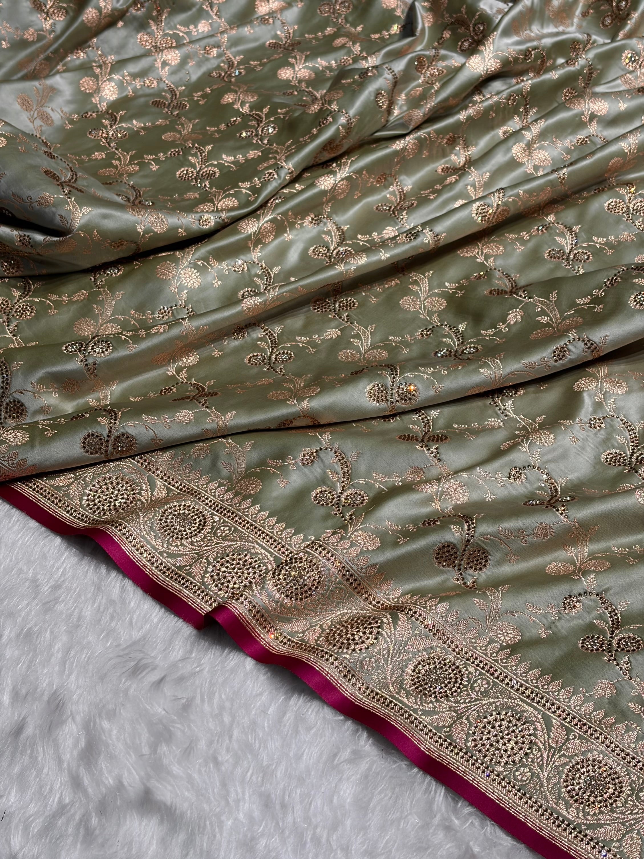 Pista Shades Cross With Swarovski Work Satin Katan Silk Saree BSK17