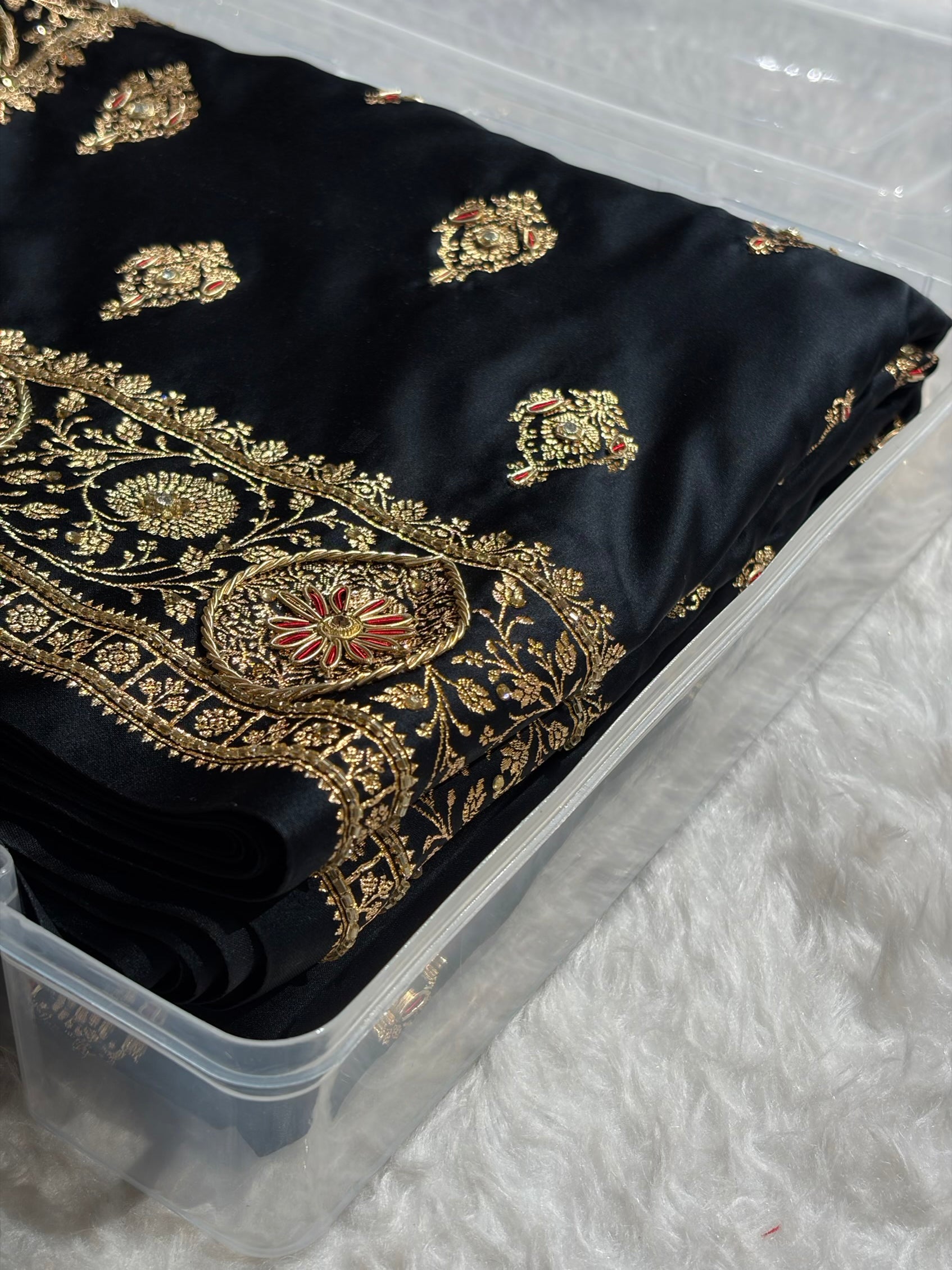 Banarasi Satin Katan Saree With Aari Zardozi Work Boota in Black Shades BSK98