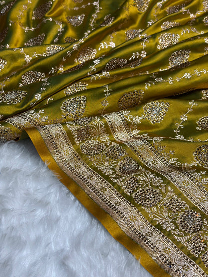 Mehandi Green Floral Jaal Pattern with Sewarovsi Work Satin Katan Silk saree BSK42