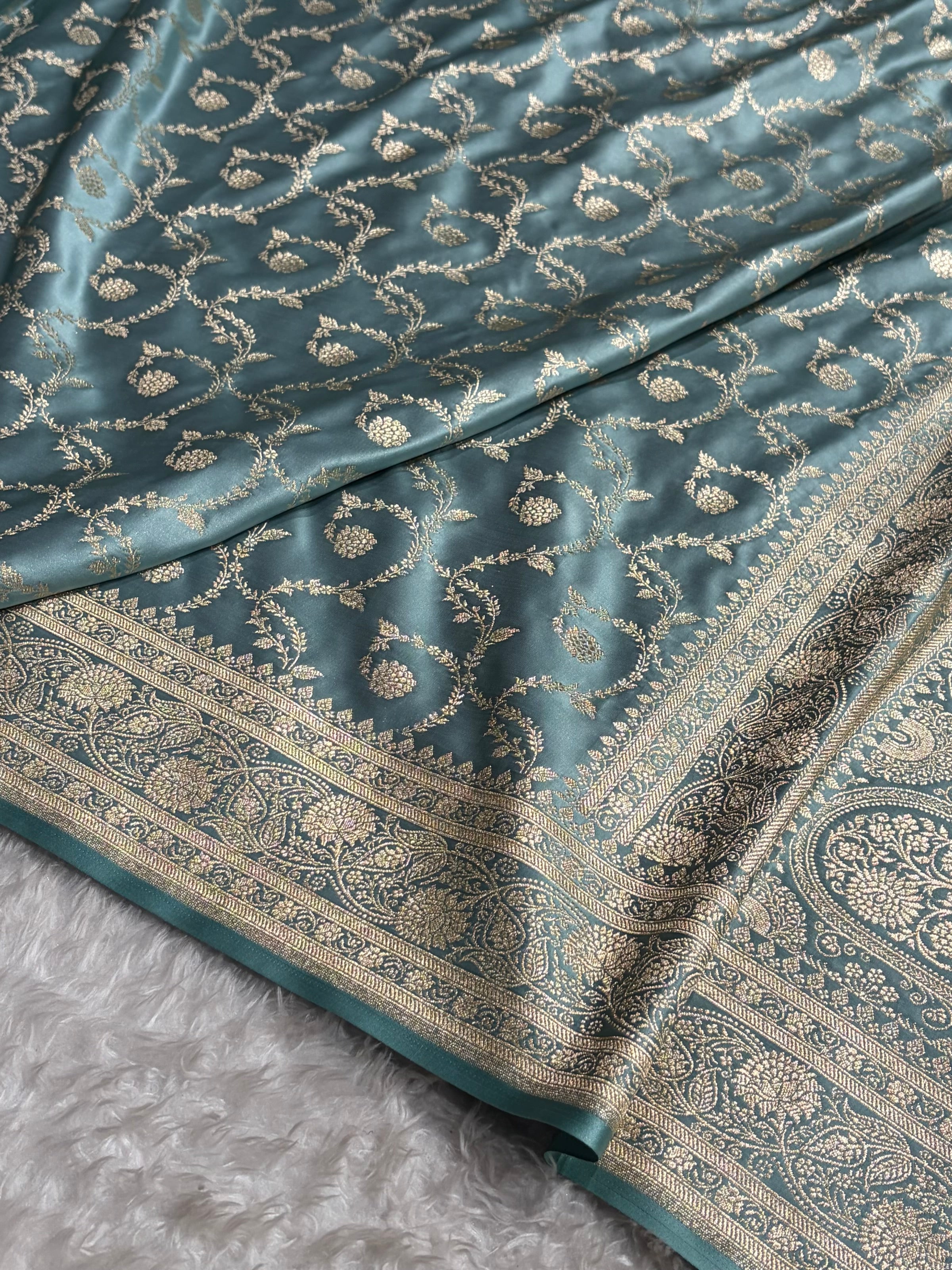 Turquoise Shades Floral Jaal Pattern Satin Katan Silk saree SK55