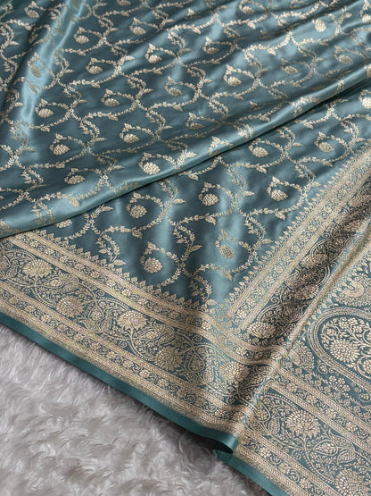 Turquoise Shades Floral Jaal Pattern Satin Katan Silk saree SK55