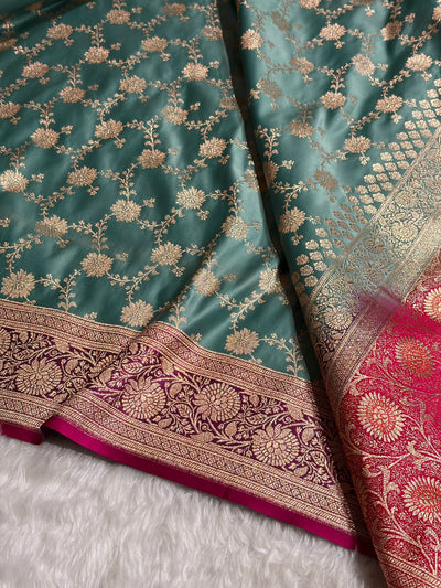 Banarasi Satin Katan Saree Contrast Rama / Rani Shades SK132