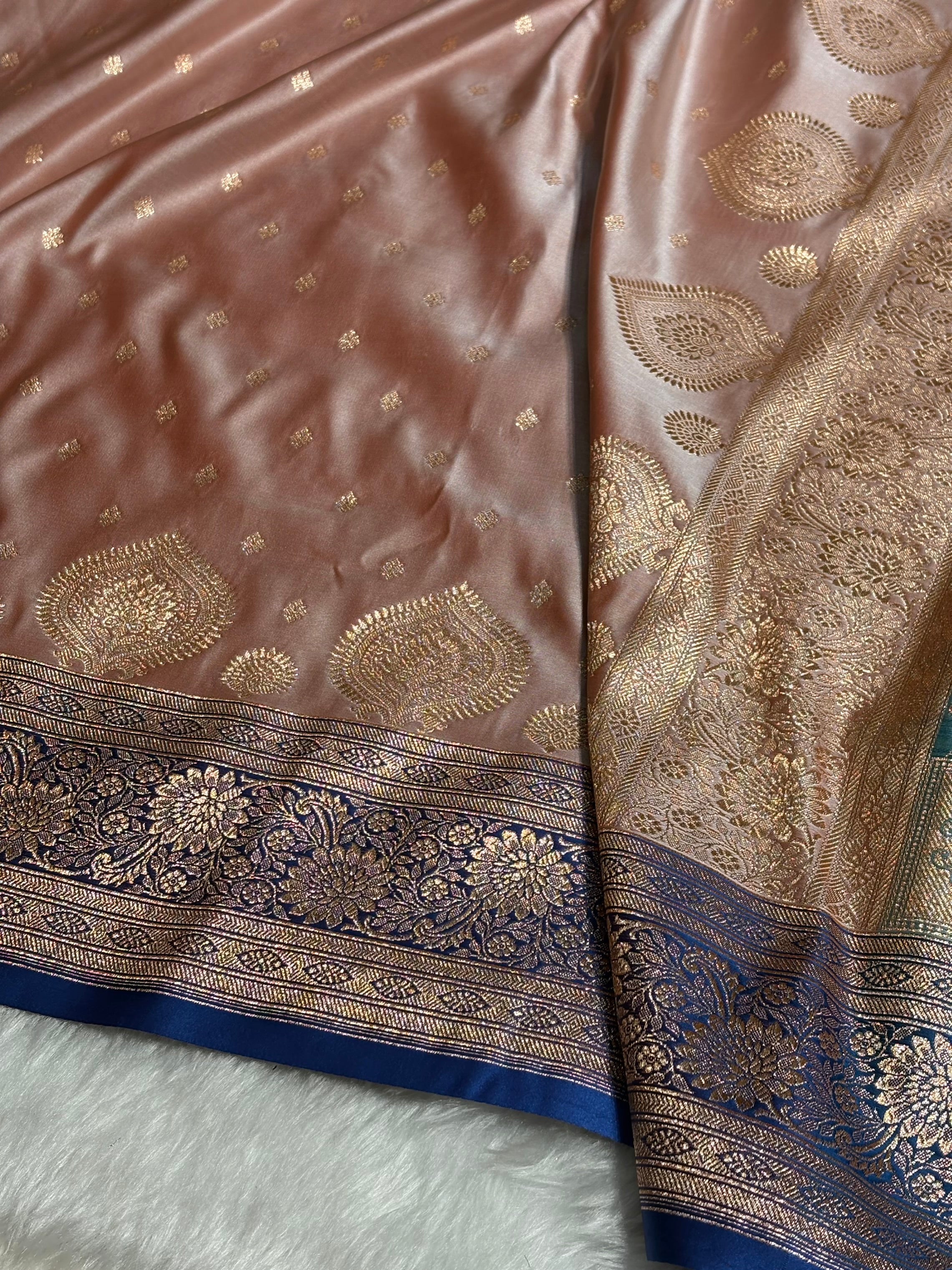Rose Gold with Firozi Booti Satin Katan Silk Saree SK29