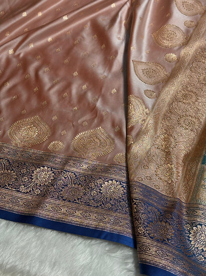 Rose Gold with Firozi Booti Satin Katan Silk Saree SK29