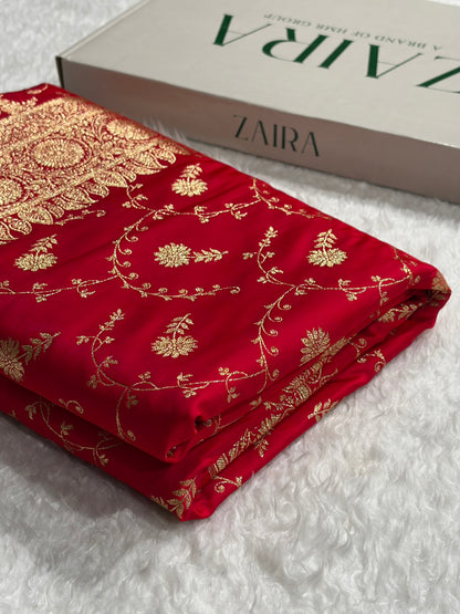 Cross Red Shades Jaal Floral Pattern Satin Katan Silk Saree SK81