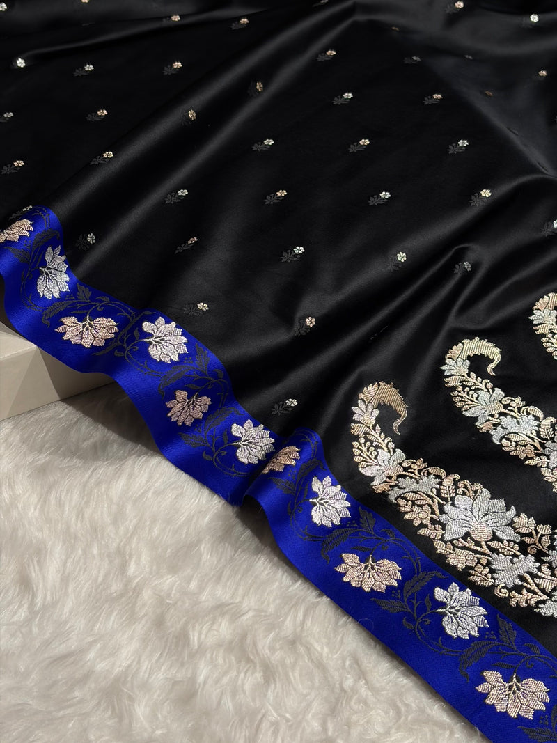 Black With Royal Blue Floral Boota With Floral Border Mashru Silk Saree MSM-78