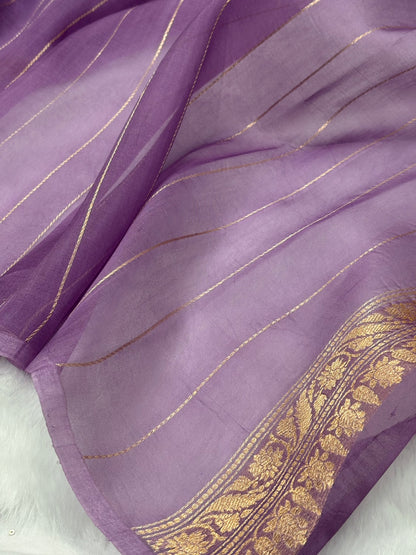 Pure Organza Dusty Lavender Meena Floral Banarasi Silk Saree PO-05