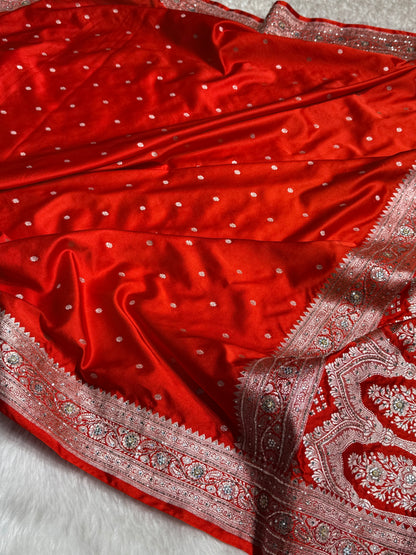 Bridal Rusty Orange Booti Mashru Silk Saree with Ari and Stone Work