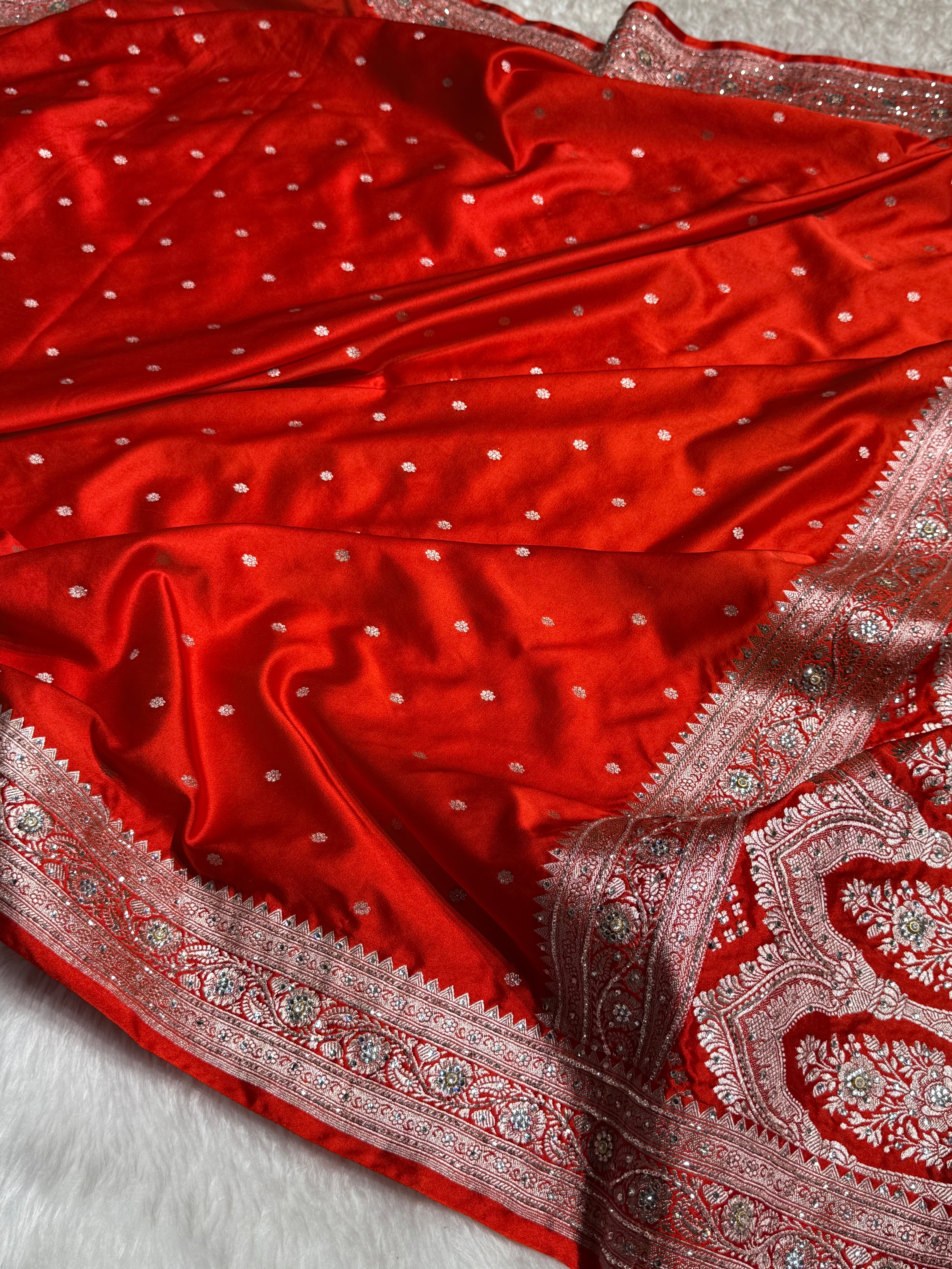 Bridal Rusty Orange Booti Mashru Silk Saree with Ari and Stone Work