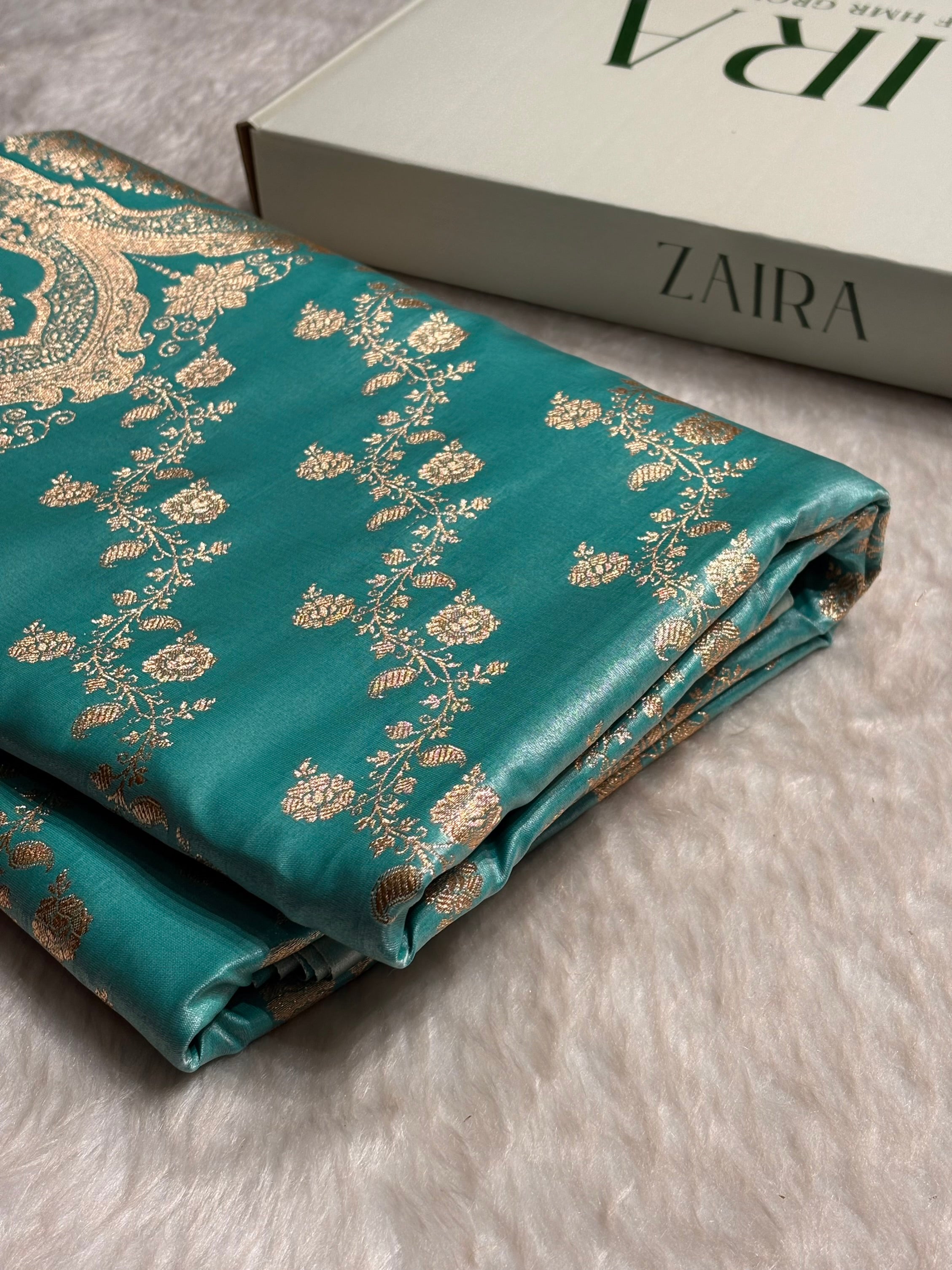 Sea Blue Shades Banarasi  Cross Jaal Satin Silk Saree SS11