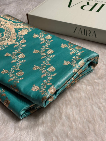 Sea Blue Shades Banarasi  Cross Jaal Satin Silk Saree SS11