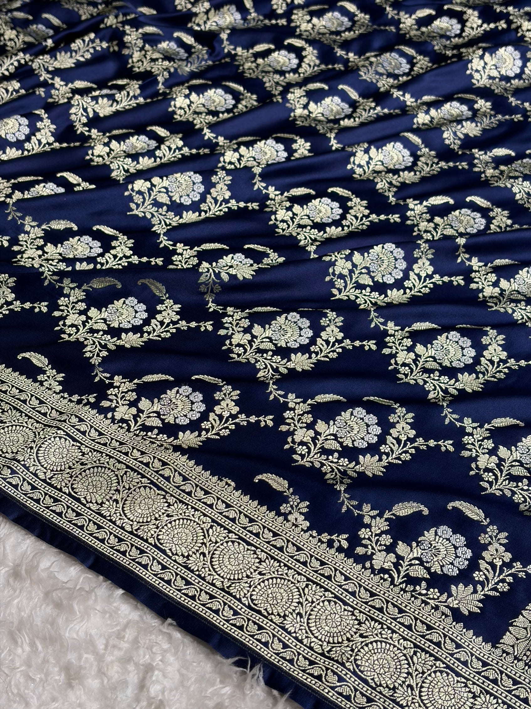 Banarasi Satin Katan Saree With Minakari Jaal Pattern in German Blue Shades SK126