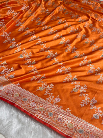 Orange Minakari Banarasi Cross Mashru Silk Saree MS01