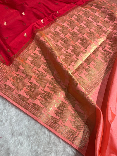 Banarasi Red With Peach Contrast Shade Flower Boota Pure Caramel Mango Silk Saree CS-18