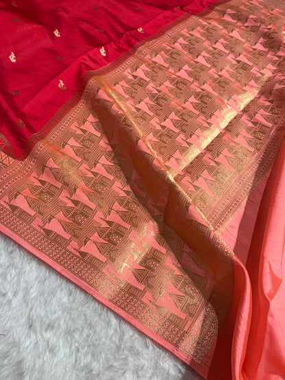 Banarasi Red With Peach Contrast Shade Flower Boota Pure Caramel Mango Silk Saree CS-18