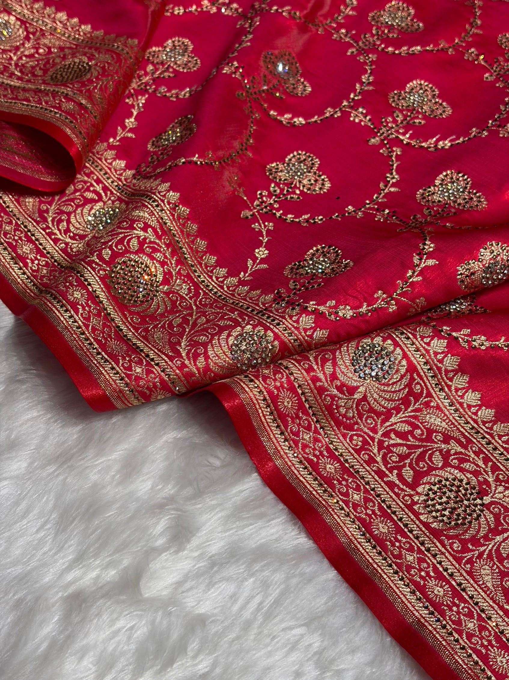 Satin Silk Saree Jaal in Pinkish Red Shades With Swarovski Work BSS23