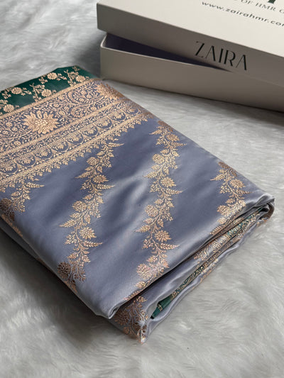Powder blue / Teal green Contrast Satin Katan Saree Floral Cross Pattern SK155