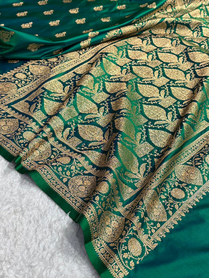 Banarasi Satin Katan Saree With Boota in Cross Green Shades SK98