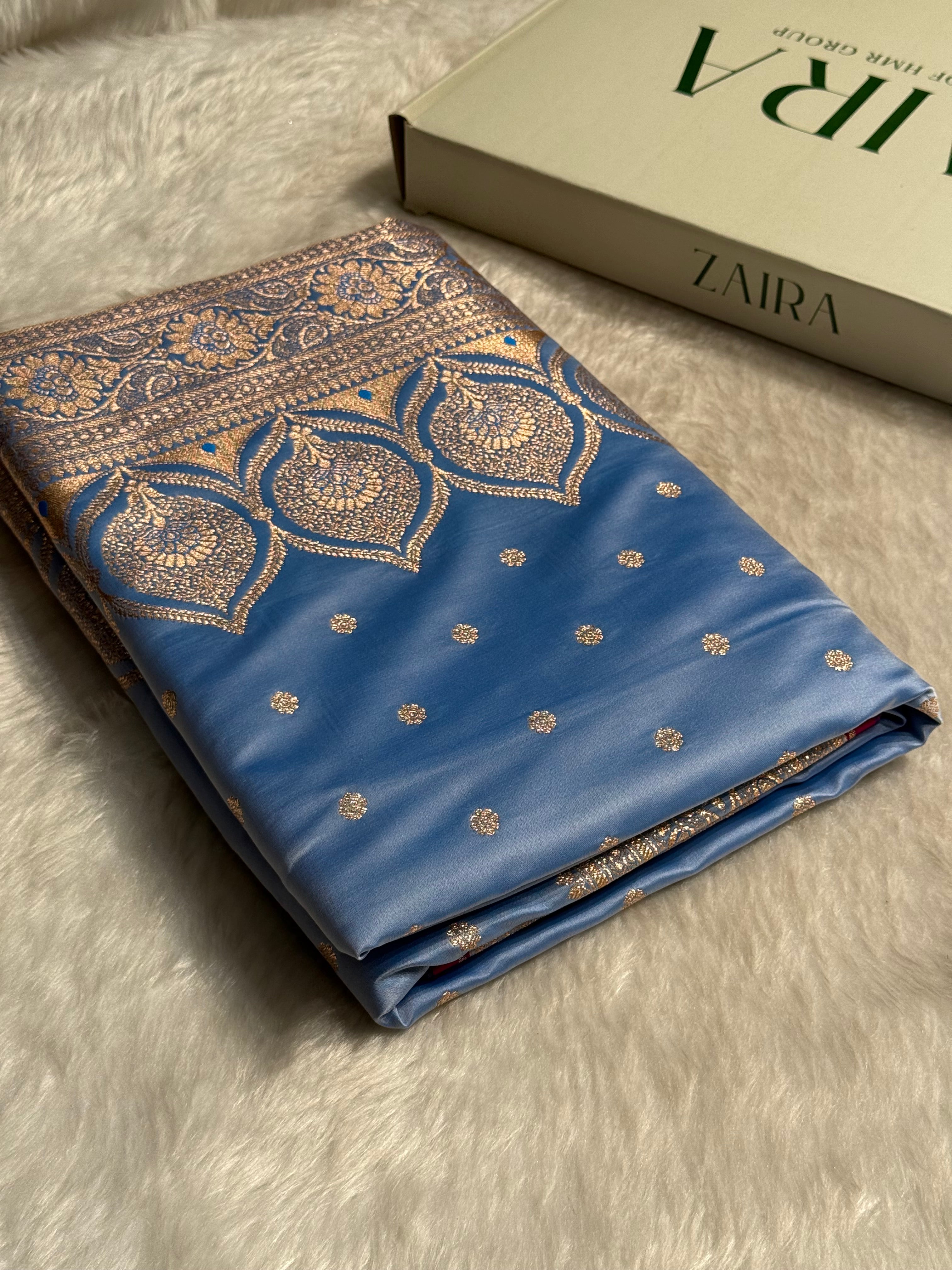 Powder Blue Booti Satin katan Silk Saree SK11