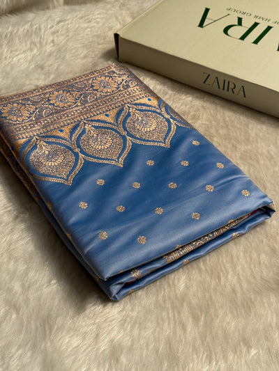 Nile Blue Booti Satin katan Silk Saree SK11
