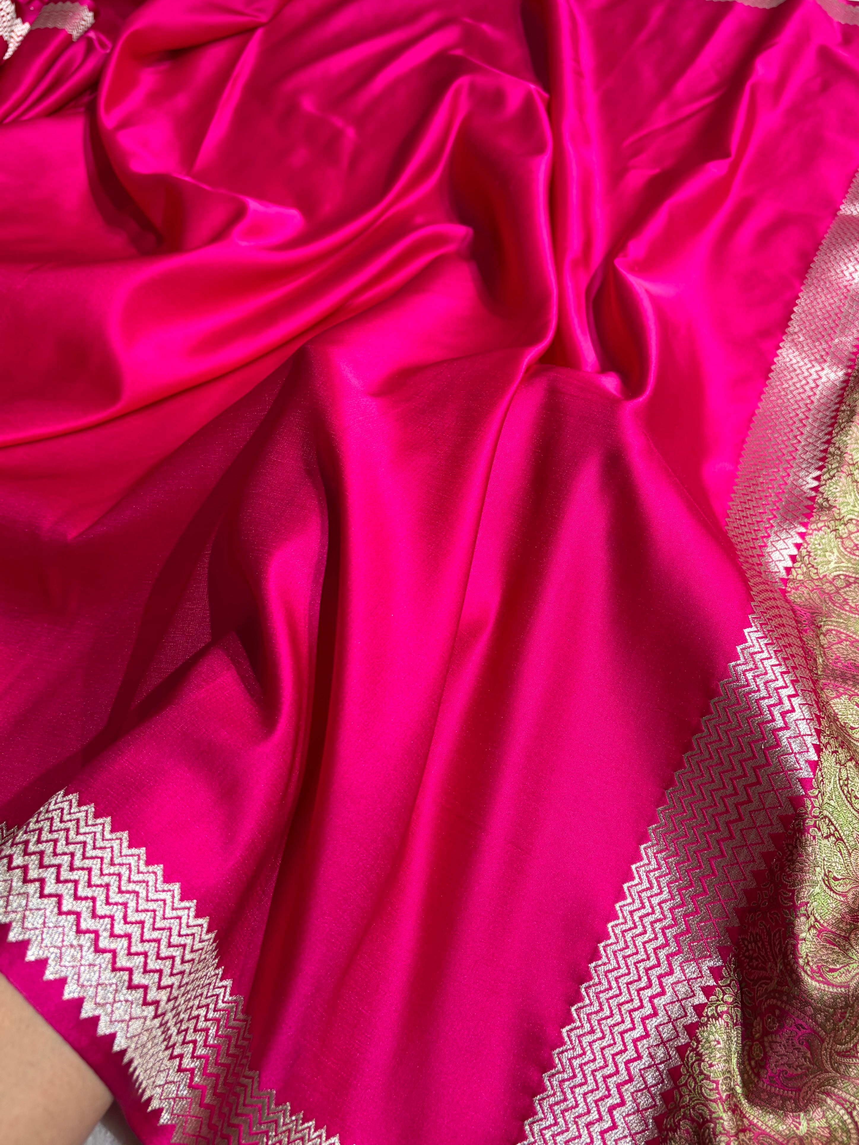 Premium Banarasi Satin Katan Saree Plain With Tanchoi Blouse in Rani Shades SK129