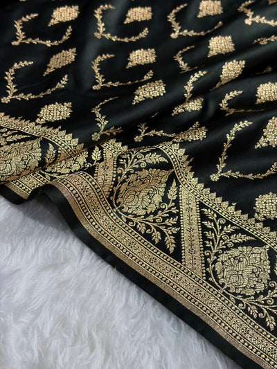 Banarasi Satin Katan Saree With Boota in Black Shades SK116