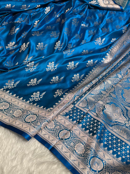 Premium Cross Firozy Blue Banarasi Booti Katan Silk Saree