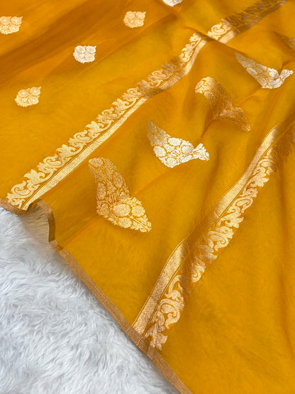 Pure Banarasi Organza Orange Shades With Minakari Floral Banarasi Silk Saree PO-30