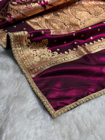 Banarasi Satin Silk Saree With Gotta Patti Booti Motif in Wine Shades SSGP20