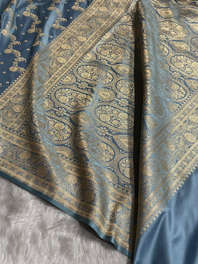 Banarasi Satin Katan Saree With Jaal Pattern in Sky Blue Shades SK121