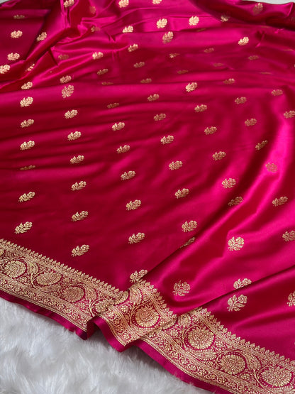 Rani Floral Boota Pattern Satin Katan Silk Saree SK71