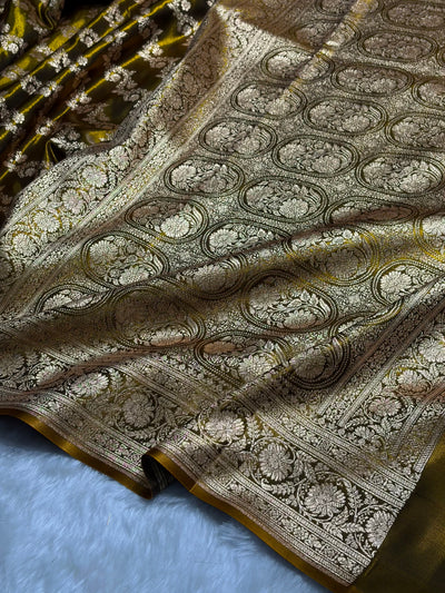 Mehendi Shades Banarasi Satin Silk Saree SS32