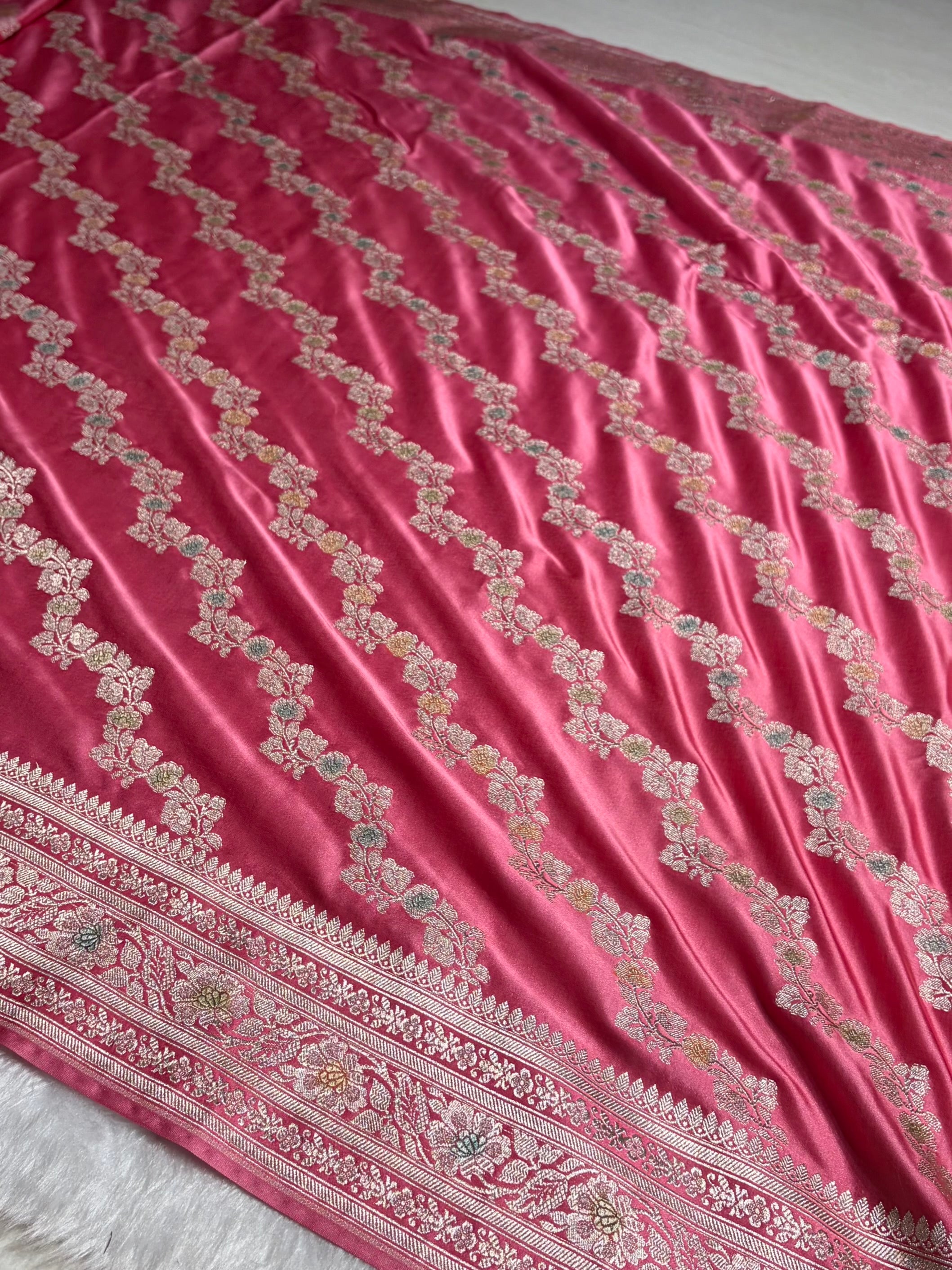 Baby Shades Banarasi Minakari Mashru Silk Saree With Cross Pattern MS02