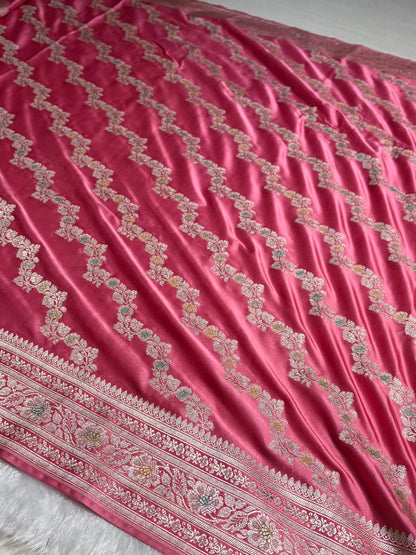 Baby Shades Banarasi Minakari Mashru Silk Saree With Cross Pattern MS02