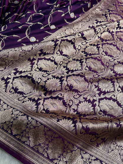 Wine Shades Banarasi Jaal Pattern Floral Minakari Mashru Silk Saree MSM-103