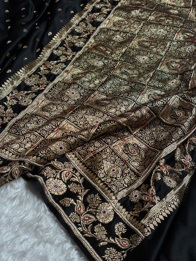 Black Floral Pattern With Aari Zardozi Moti Work Satin Katan Silk Saree BSK77