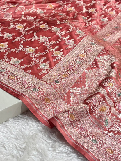 Peach Shades Banarasi Minakari Floral Jaal Mashru Silk Saree MS28
