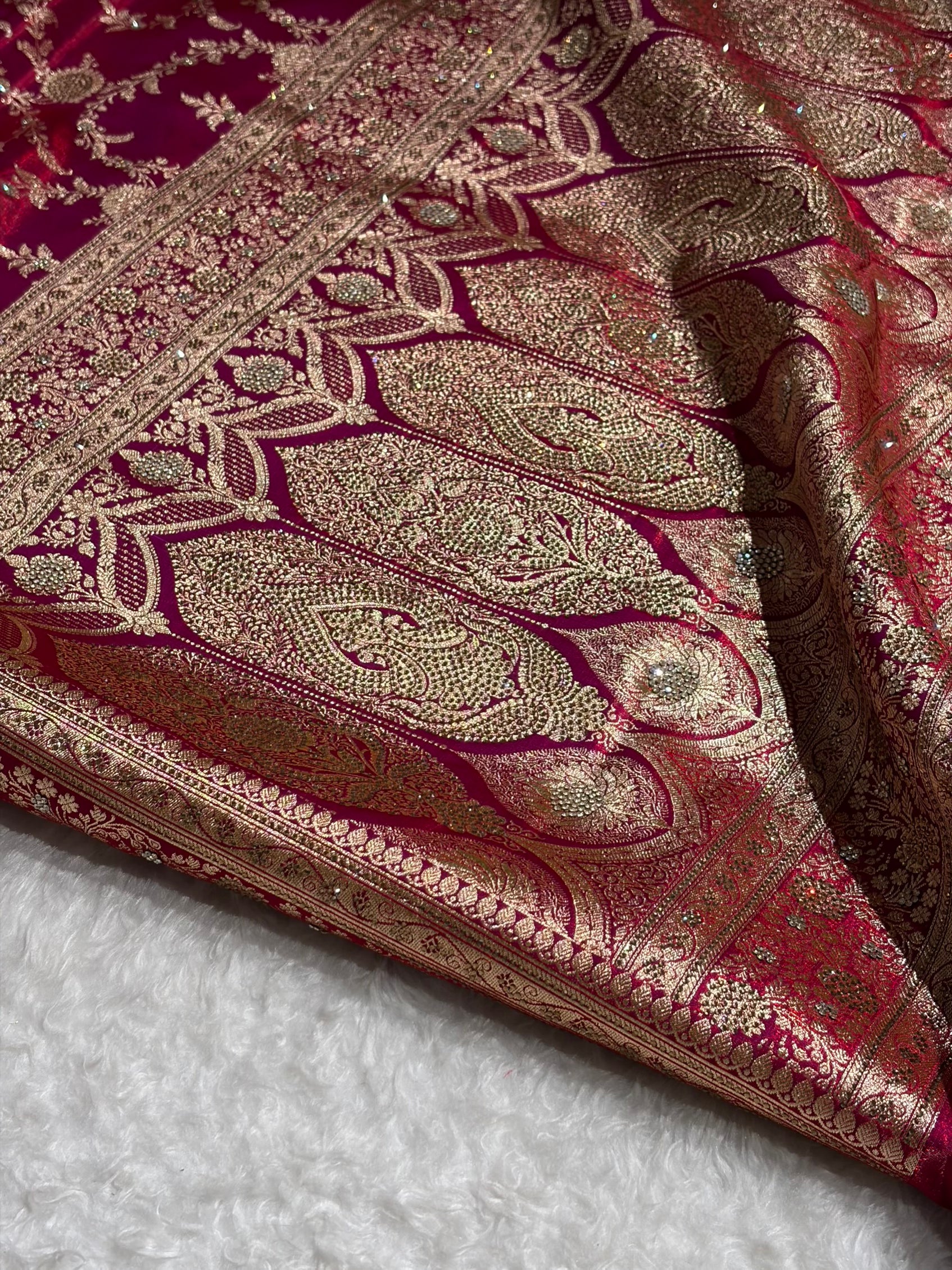 Light Weight Reddish Magenta Satin Silk Saree with Swarovski work BSS14