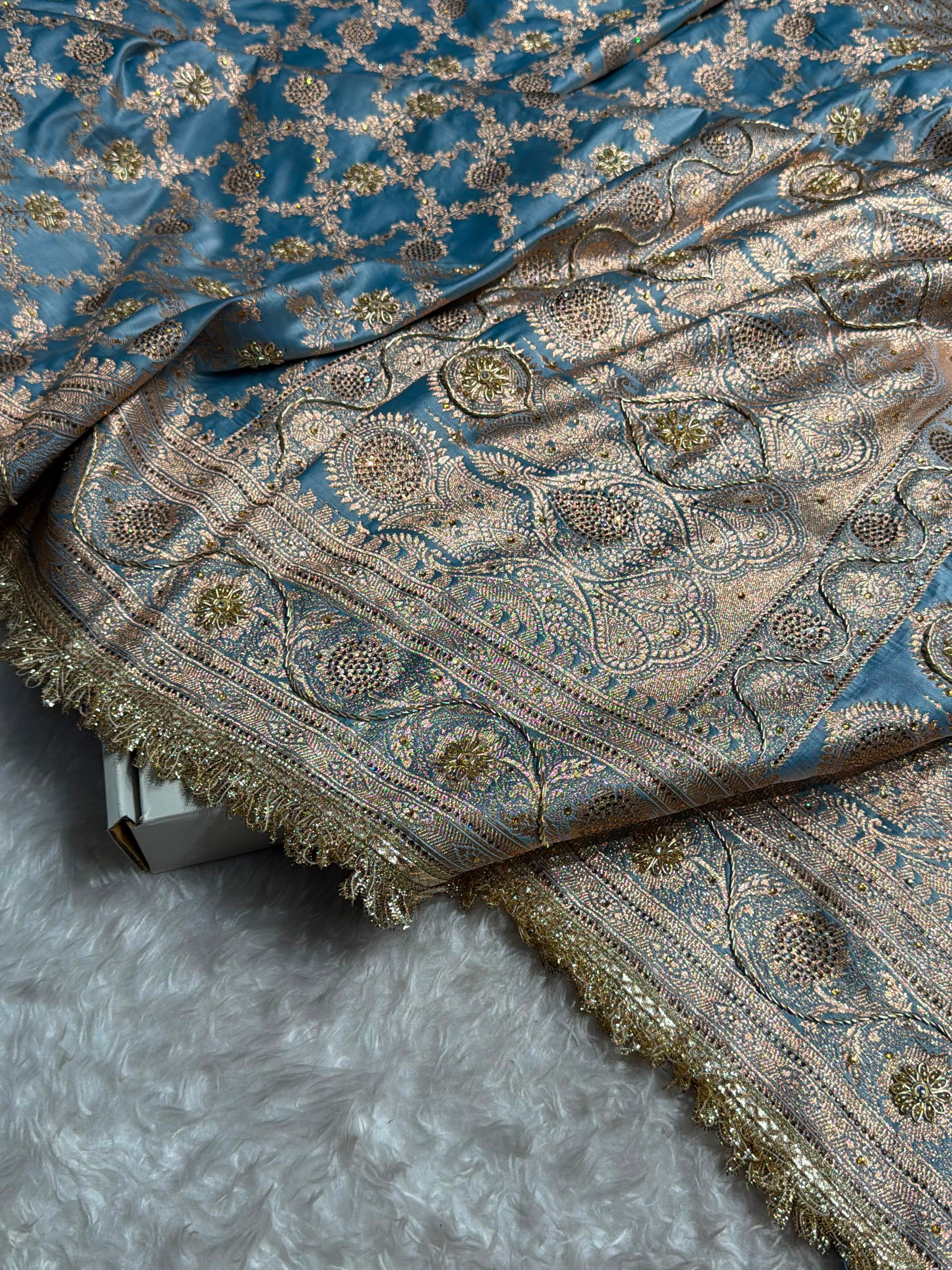 Pastel German Blue Swavroski & Zardozi Work With Gotta Patti Jaal Pattern Satin Katan Silk Saree BSKGP25