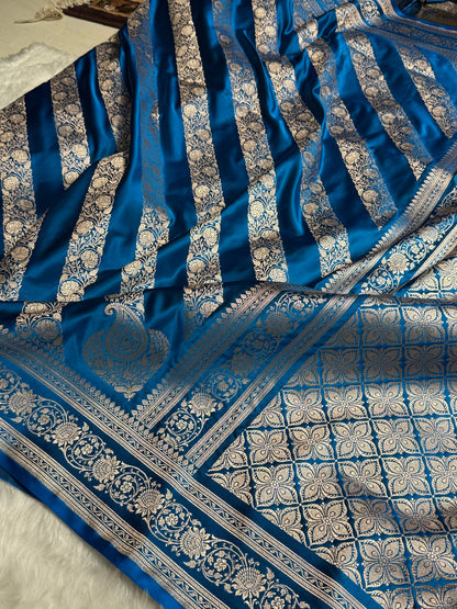 Dark Firozi Shades Banarasi Cross Pattern Floral Mashru Silk Saree MSM-102